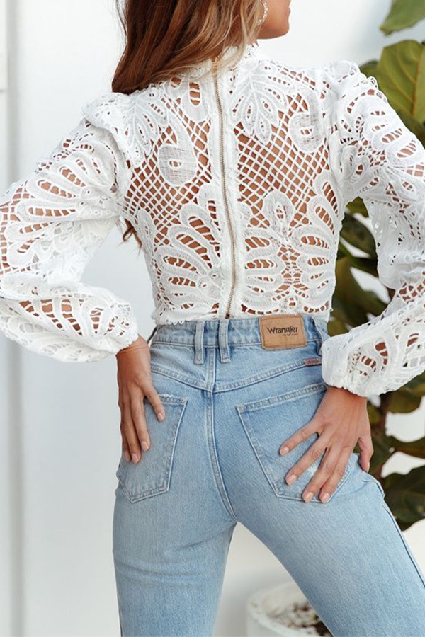 Women's Elegant Hollowed Out Zipper Long Sleeve Top White - Rebooters