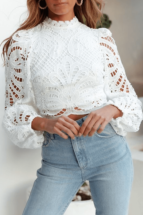 Women's Elegant Hollowed Out Zipper Long Sleeve Top White Rebooters Womens Shirts