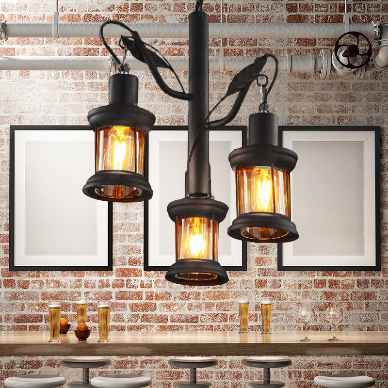 3 Lights Ceiling Light Fixture Coastal Lantern Clear Glass Pendant Chandelier in Black - Rebooters