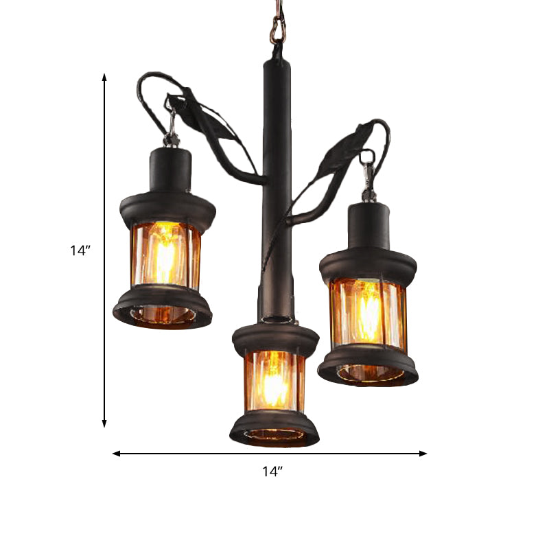 3 Lights Ceiling Light Fixture Coastal Lantern Clear Glass Pendant Chandelier in Black - Rebooters