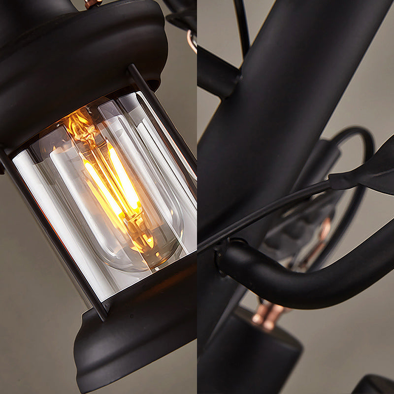 3 Lights Ceiling Light Fixture Coastal Lantern Clear Glass Pendant Chandelier in Black - Rebooters