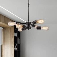 6 Heads Chandelier Lamp with Exposed Bulb Antique Style Black Metal Ceiling Pendant Lamp - Rebooters
