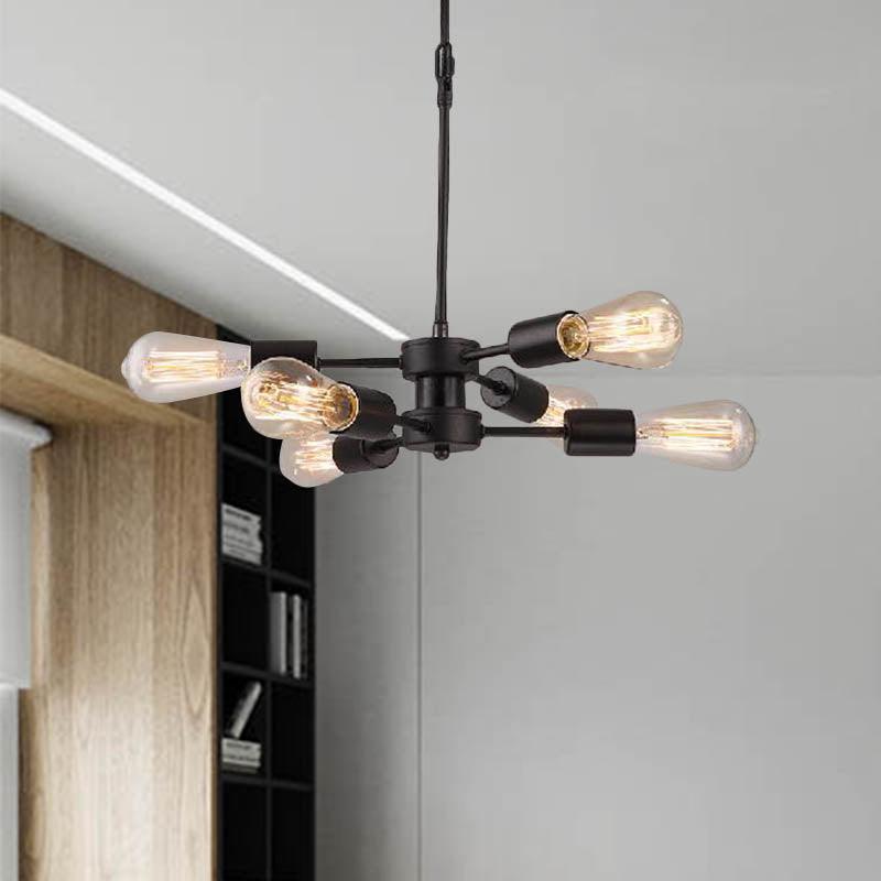 6 Heads Chandelier Lamp with Exposed Bulb Antique Style Black Metal Ceiling Pendant Lamp - Rebooters