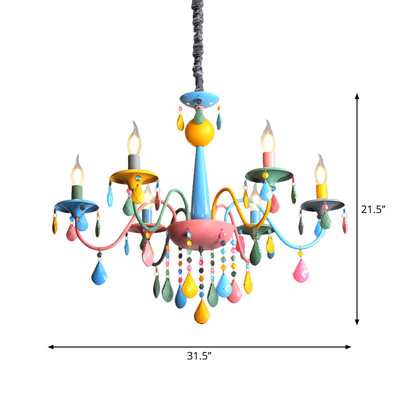 Pink And Yellow Curved Arm Chandelier Light Cartoon 3/5/6 Lights Metallic Pendant Lamp - Rebooters