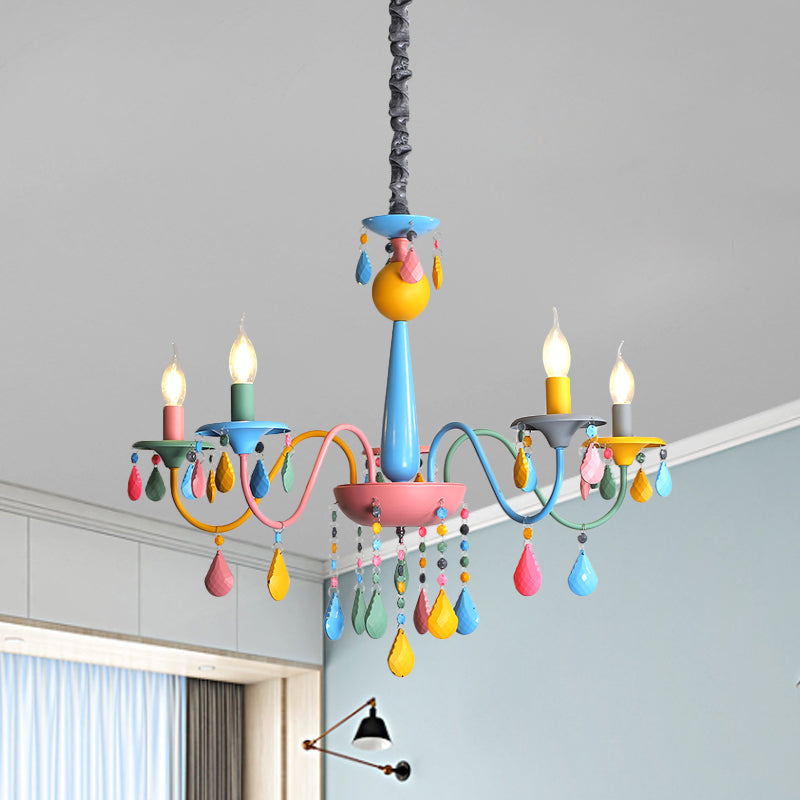 Pink And Yellow Curved Arm Chandelier Light Cartoon 3/5/6 Lights Metallic Pendant Lamp - Rebooters
