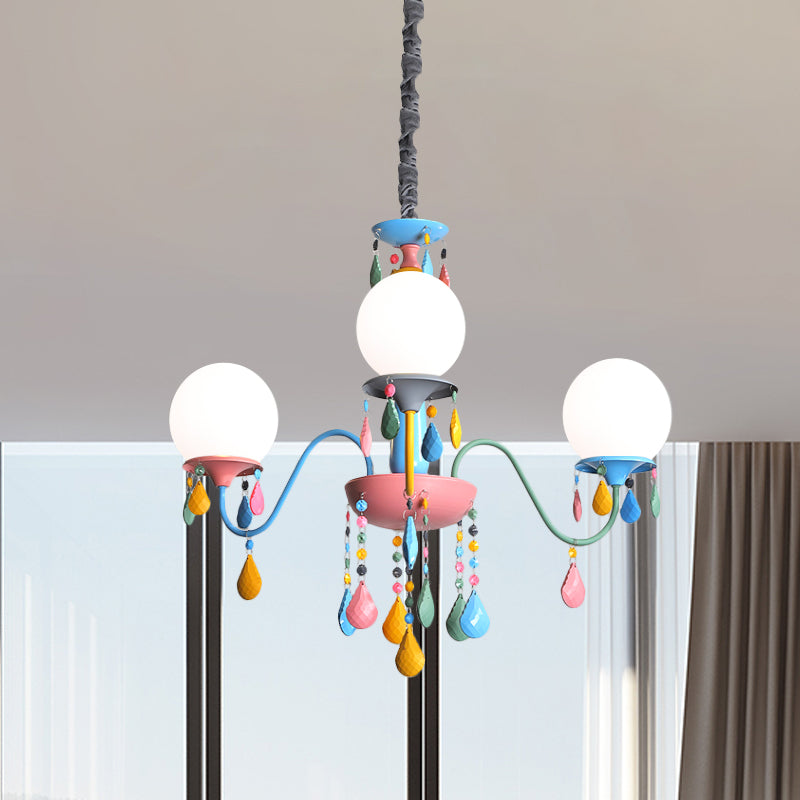 Pink And Yellow Curved Arm Chandelier Light Cartoon 3/5/6 Lights Metallic Pendant Lamp - Rebooters
