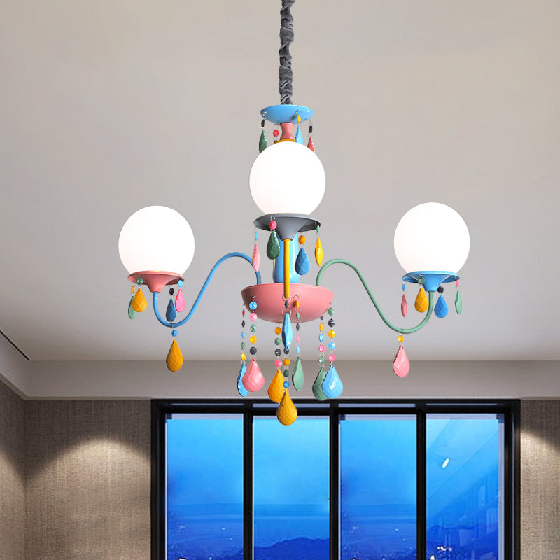 Pink And Yellow Curved Arm Chandelier Light Cartoon 3/5/6 Lights Metallic Pendant Lamp - Rebooters