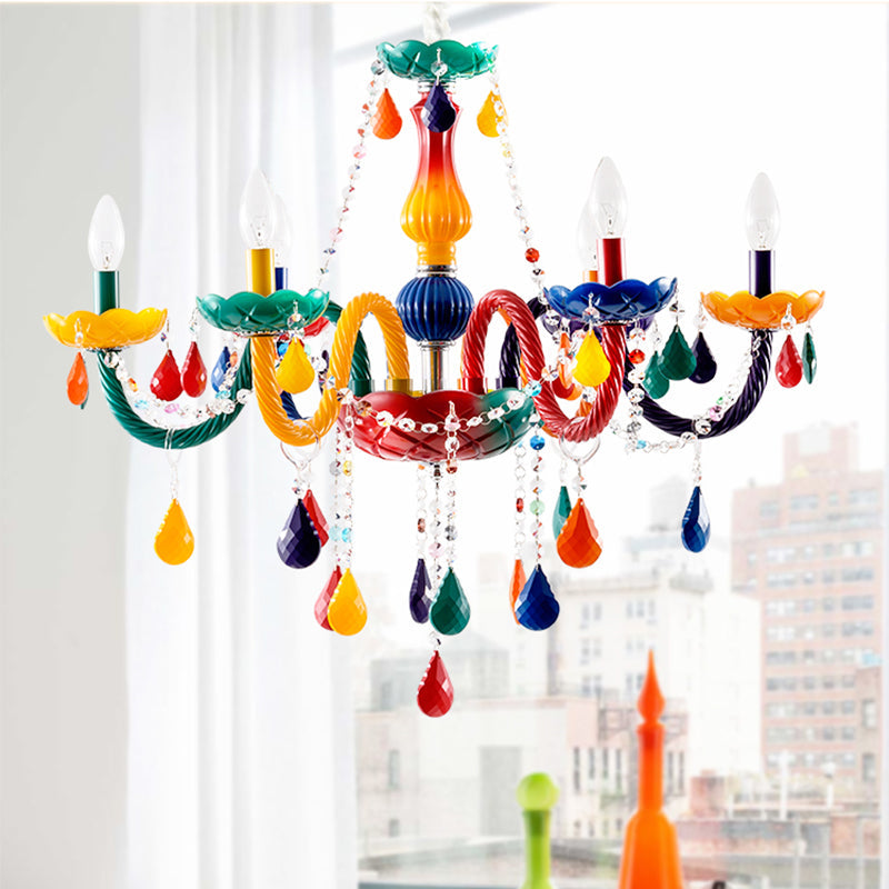 Clear Crystal Candle Pendant Chandelier Kids 6 Bulbs Red Yellow Lamp - Rebooters
