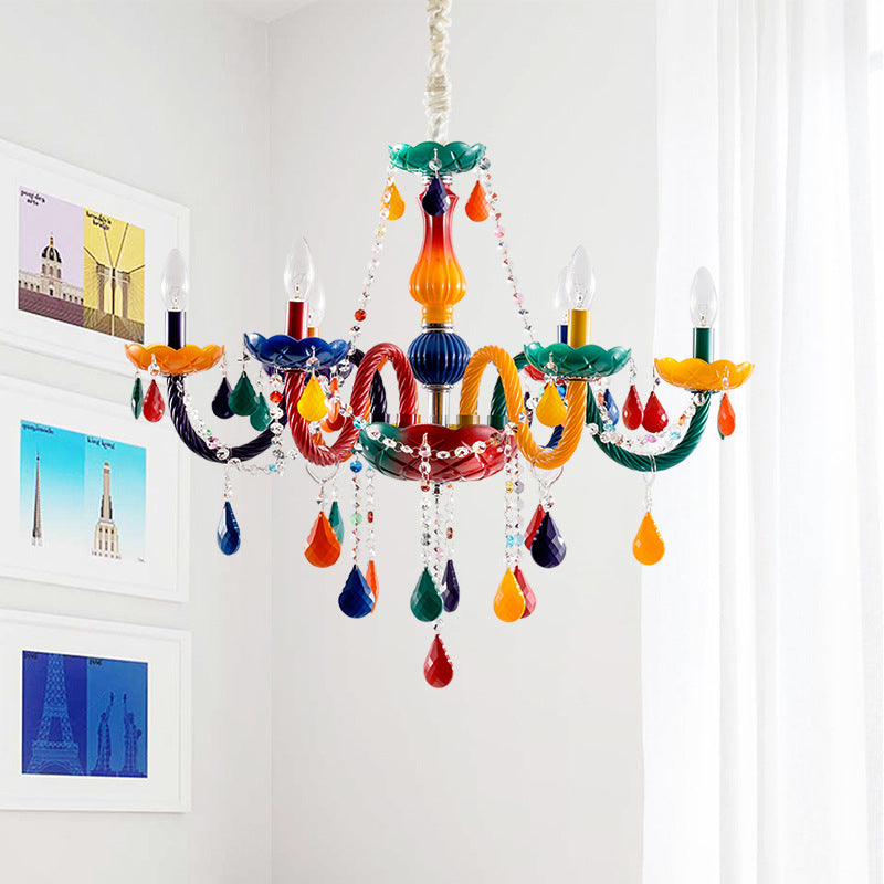 Clear Crystal Candle Pendant Chandelier Kids 6 Bulbs Red Yellow Lamp - Rebooters