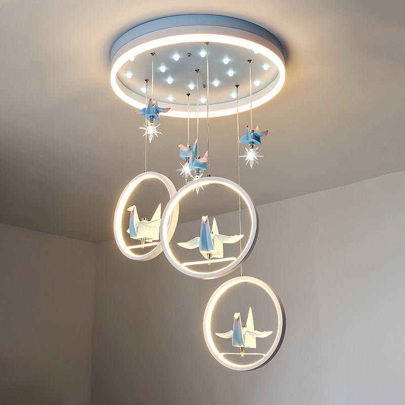 Metallic Circular Hanging Chandelier Kids LED Pendant Light in Blue with Paper Cranes Decor - Rebooters