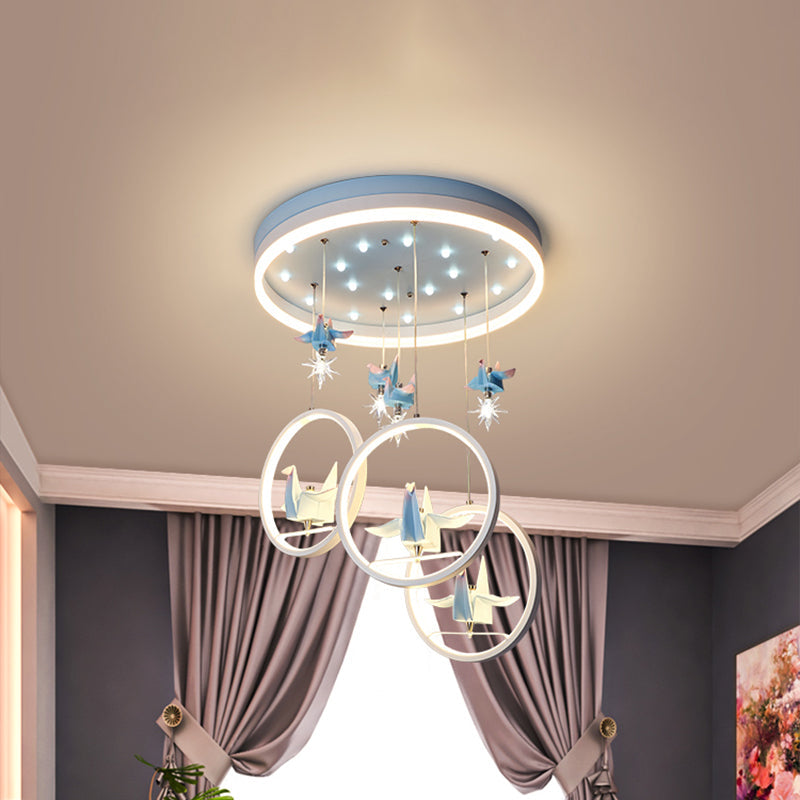 Metallic Circular Hanging Chandelier Kids LED Pendant Light in Blue with Paper Cranes Decor - Rebooters