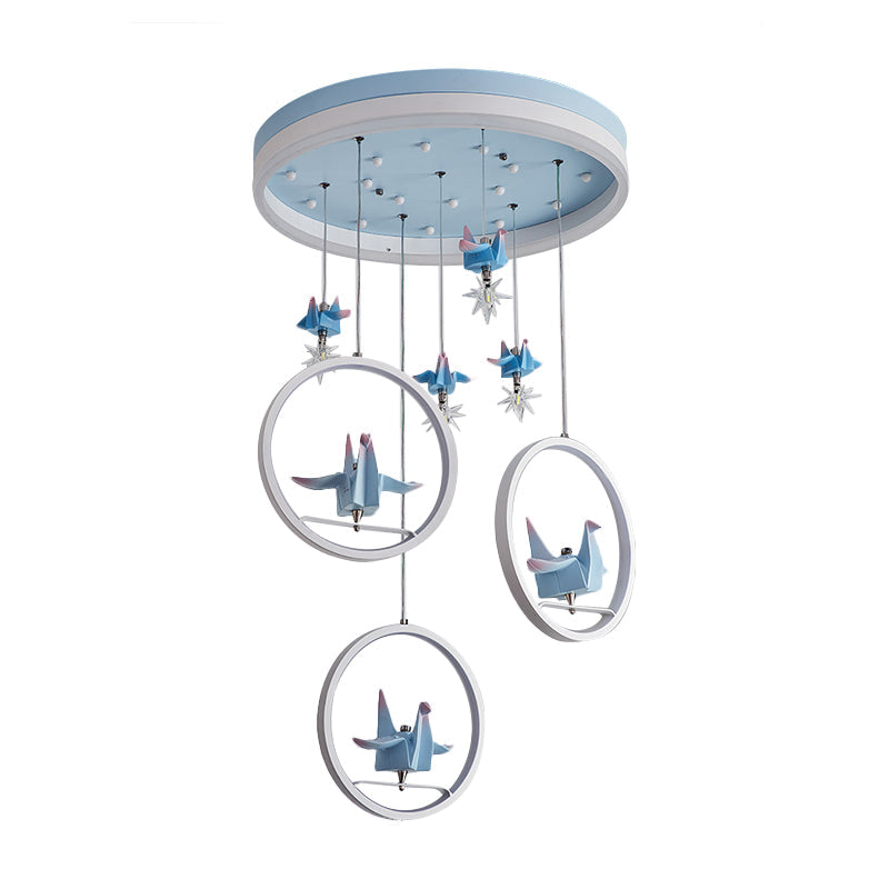 Metallic Circular Hanging Chandelier Kids LED Pendant Light in Blue with Paper Cranes Decor - Rebooters