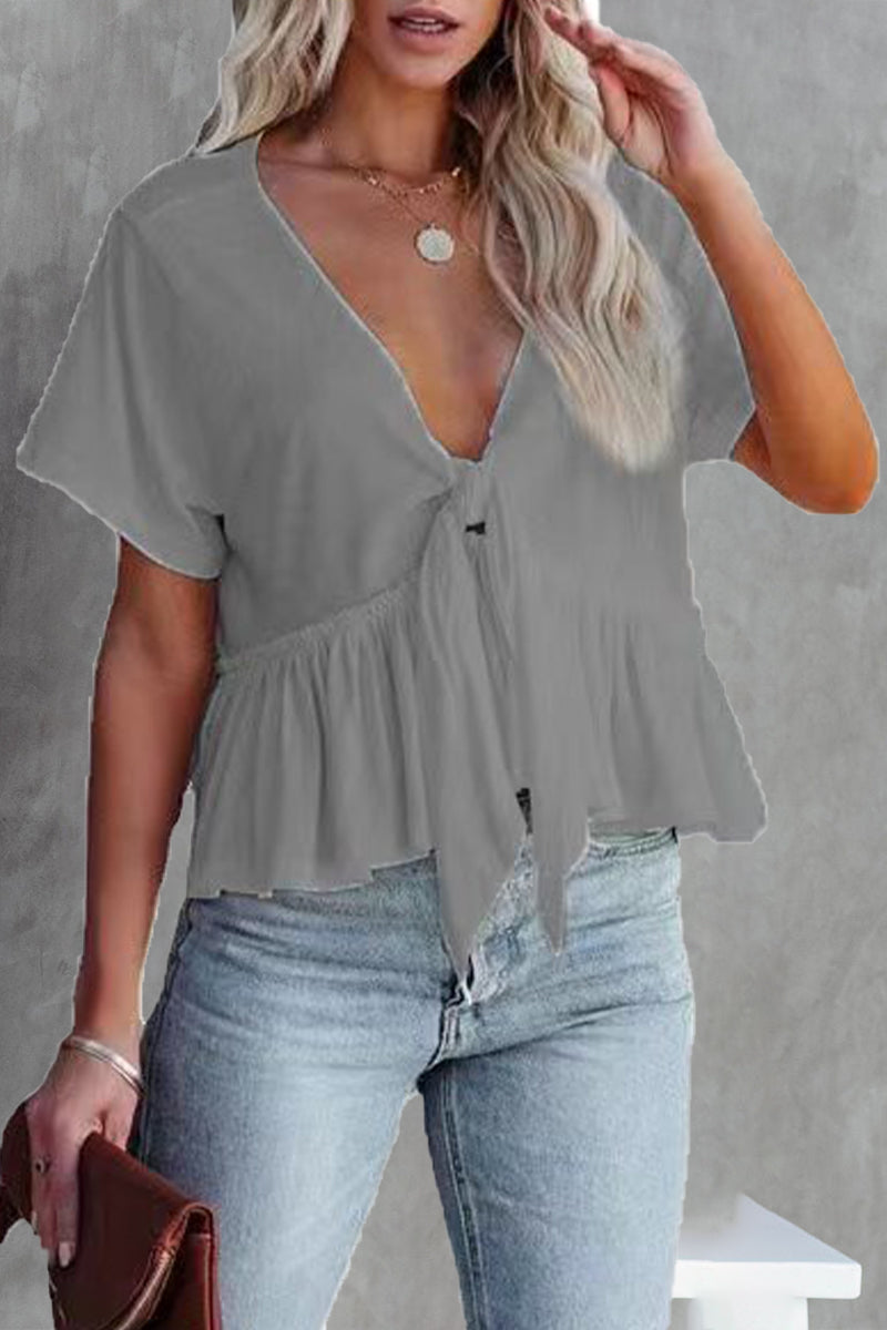 Women's Daily Bandage Blouse With V-Neck And Bow Front - Rebooters