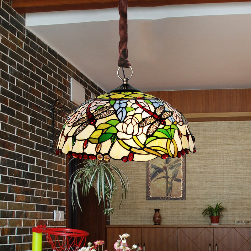 White Dragonfly and Floral Chandelier 3-Bulb Stained Glass - Rebooters