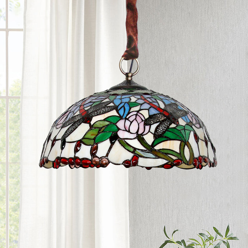 White Dragonfly and Floral Chandelier 3-Bulb Stained Glass - Rebooters