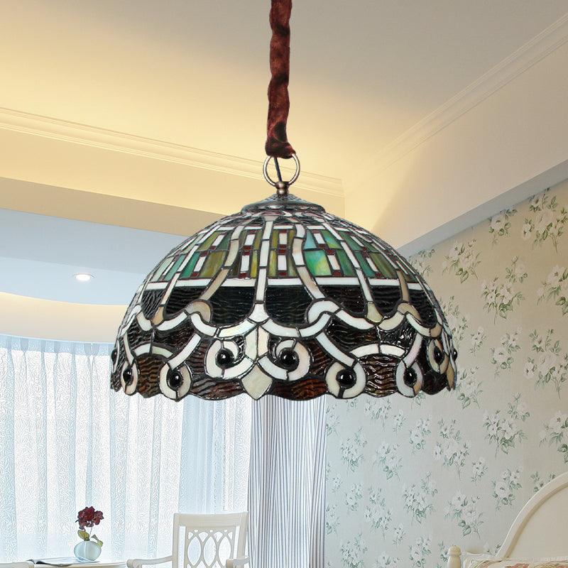 Baroque Domed Hanging Chandelier 3 Bulbs Stained Glass Lamp - Rebooters