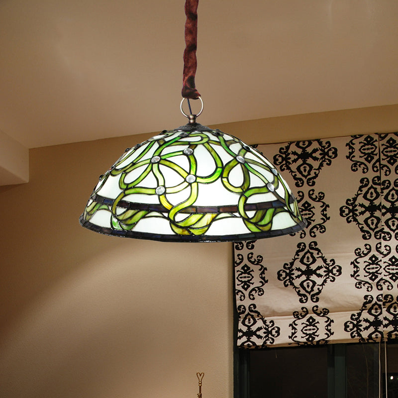 3 Lights Bowl Chandelier Lamp Antique Green Stained Glass Ceiling Hang Fixture - Rebooters