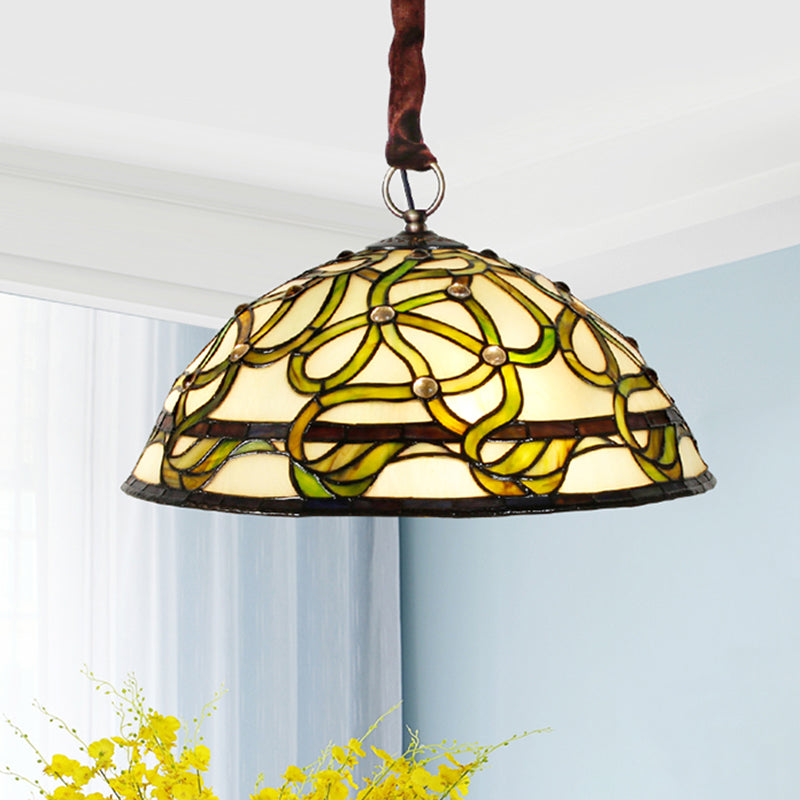 3 Lights Bowl Chandelier Lamp Antique Green Stained Glass Ceiling Hang Fixture - Rebooters