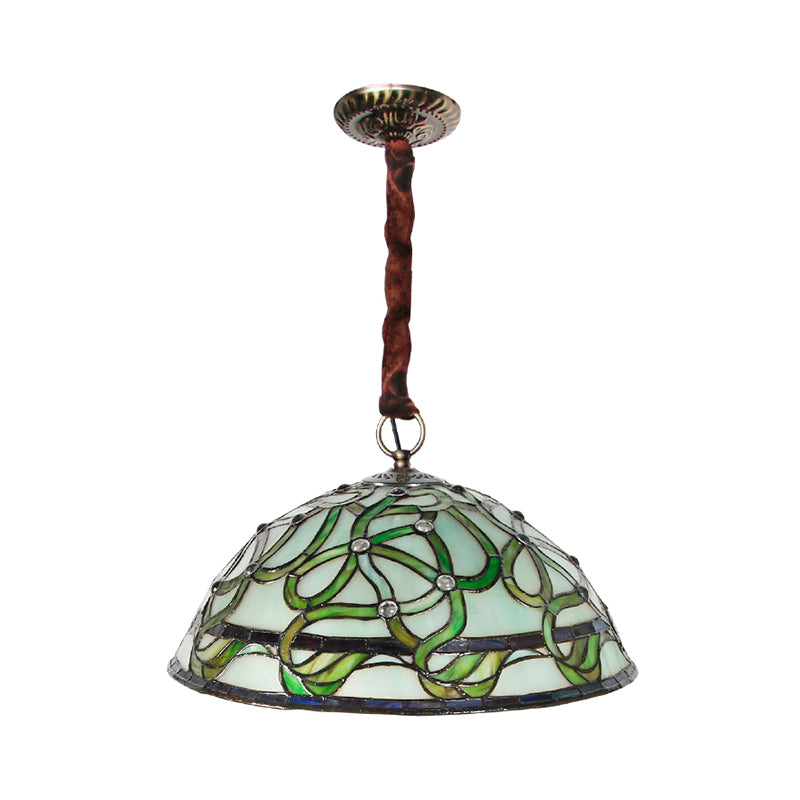 3 Lights Bowl Chandelier Lamp Antique Green Stained Glass Ceiling Hang Fixture - Rebooters