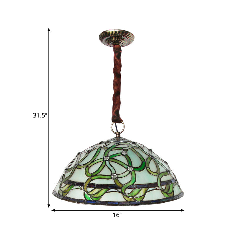 3 Lights Bowl Chandelier Lamp Antique Green Stained Glass Ceiling Hang Fixture - Rebooters