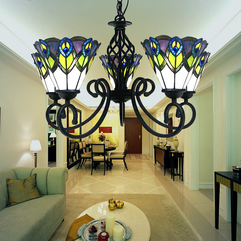 Stained Glass Tiffany Chandelier 5 Lights Peacock Pendant - Rebooters