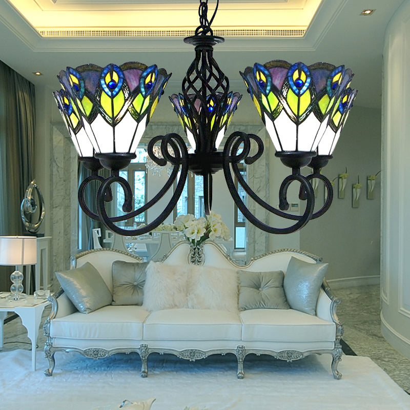 Stained Glass Tiffany Chandelier 5 Lights Peacock Pendant - Rebooters
