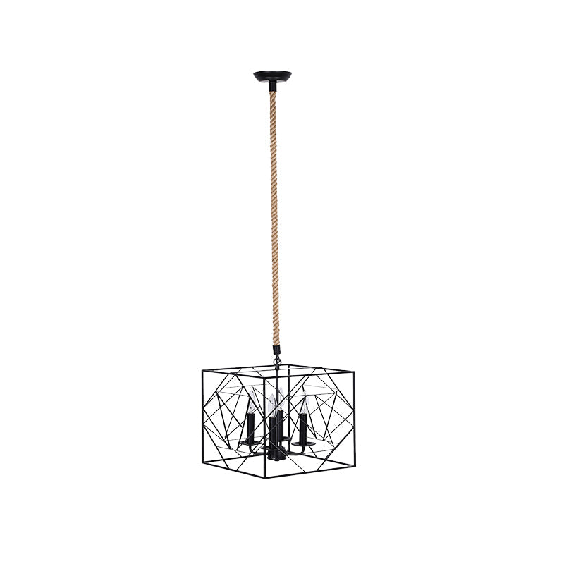 4 Heads Metallic Chandelier Lamp Warehouse Black Cubic Frame Dining Room Pendant - Rebooters