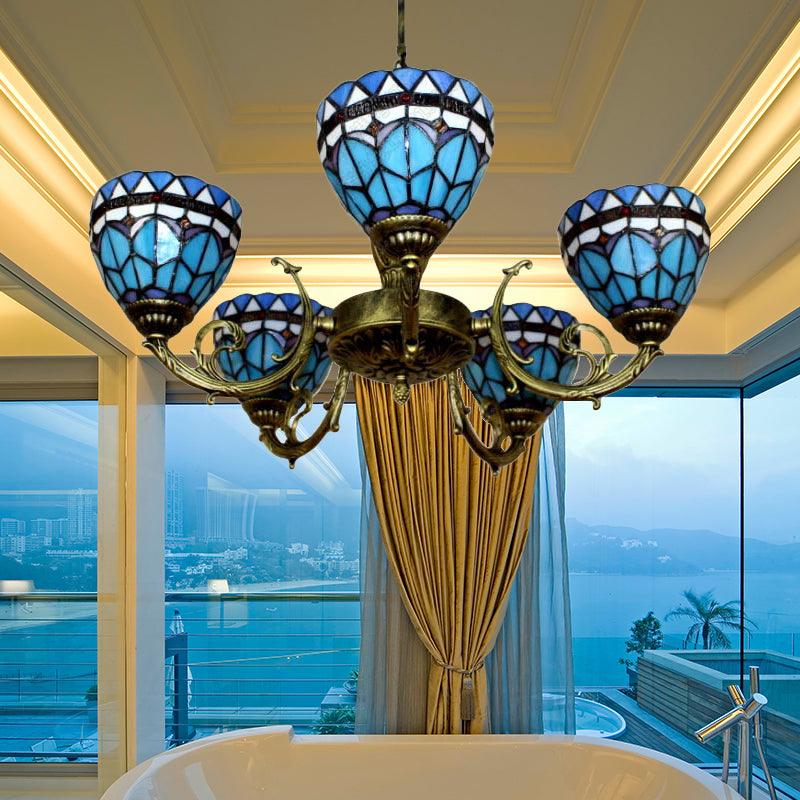 5 Heads Bowl Chandelier Lighting Mediterranean Stained Glass Pendant Lamp in Blue - Rebooters