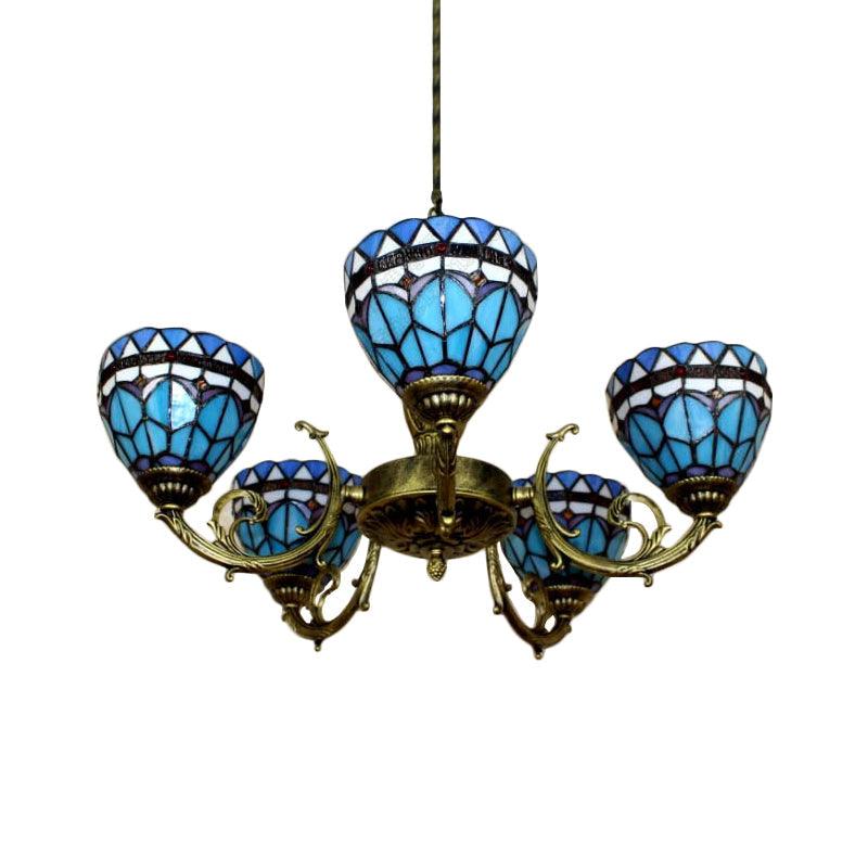 5 Heads Bowl Chandelier Lighting Mediterranean Stained Glass Pendant Lamp in Blue - Rebooters