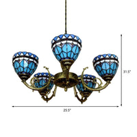 5 Heads Bowl Chandelier Lighting Mediterranean Stained Glass Pendant Lamp in Blue - Rebooters