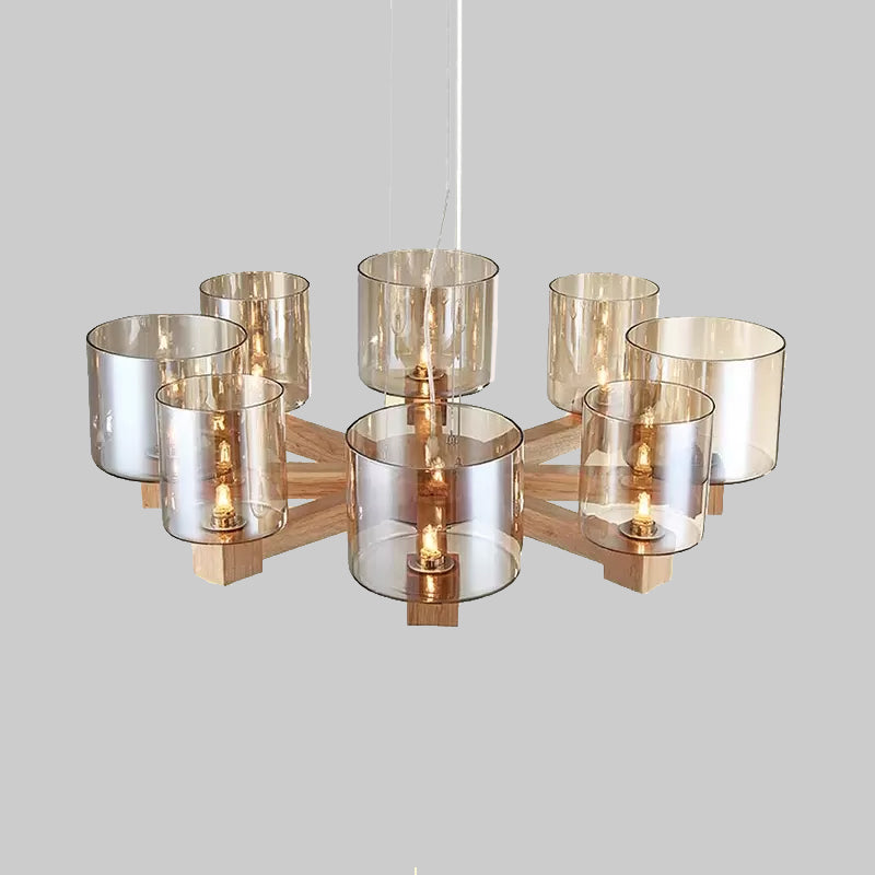 Wood Cylinder Chandelier Light with Radial Design 4/6/8 Lights - Rebooters