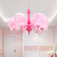 5 Lights Pink Curvy Arm Chandelier Lamp Kids Metal Lighting - Rebooters