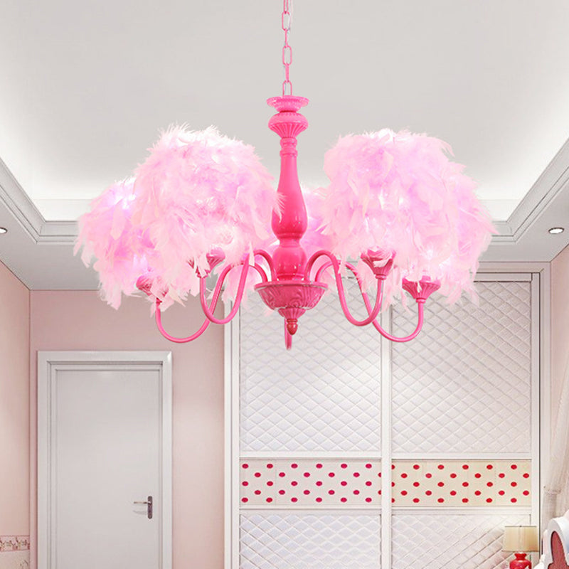 5 Lights Pink Curvy Arm Chandelier Lamp Kids Metal Lighting - Rebooters