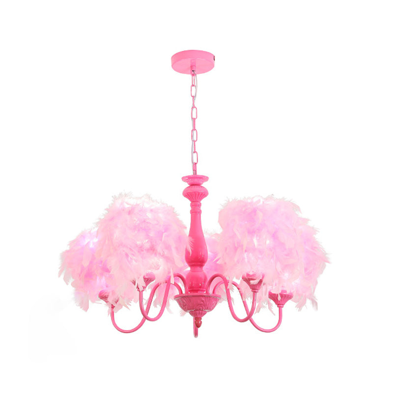 5 Lights Pink Curvy Arm Chandelier Lamp Kids Metal Lighting - Rebooters