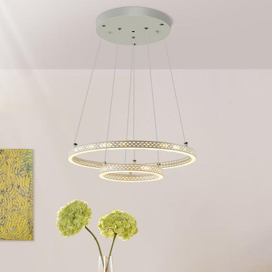 2-Tier Hoop Dining Room Down Lighting Metallic LED Minimalist Pendant Chandelier in White - Rebooters