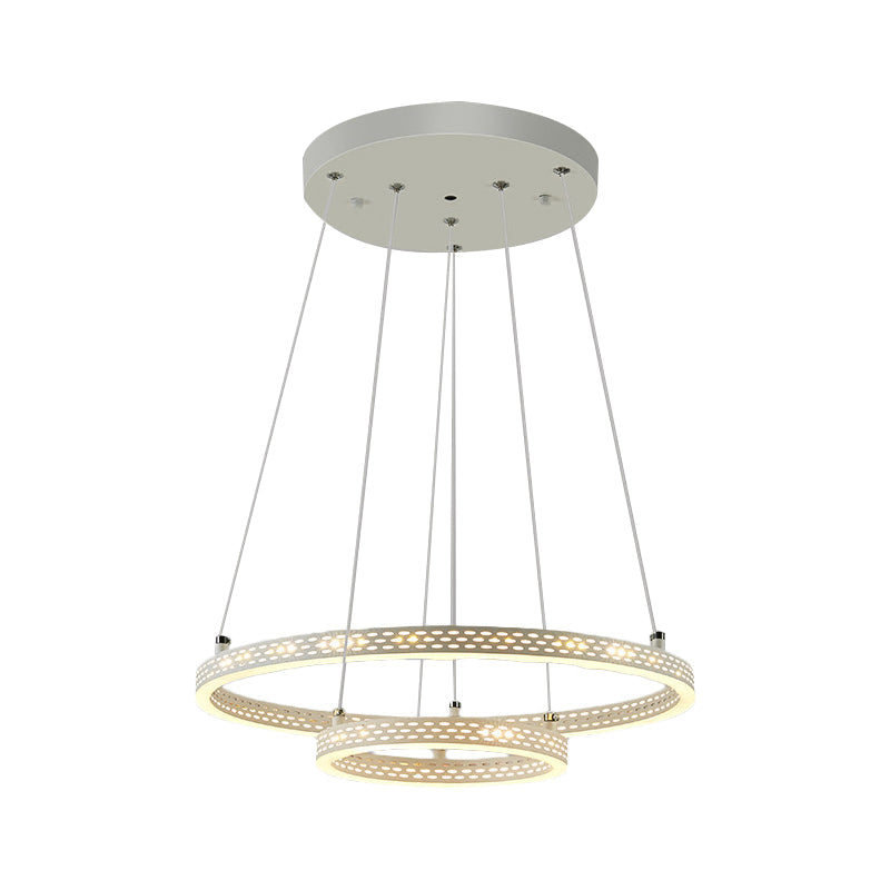 2-Tier Hoop Dining Room Down Lighting Metallic LED Minimalist Pendant Chandelier in White - Rebooters