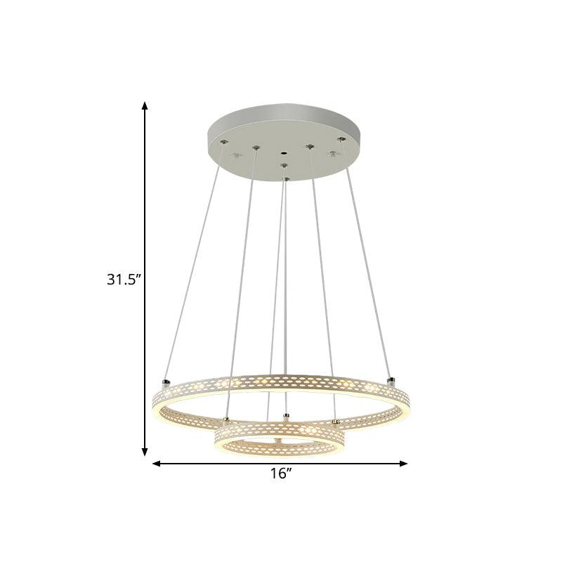2-Tier Hoop Dining Room Down Lighting Metallic LED Minimalist Pendant Chandelier in White - Rebooters
