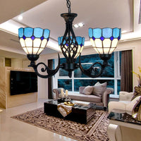 3 Lights Bowl Pendant Light with Grid Pattern Blue Glass Chandelier - Rebooters