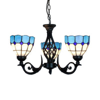 3 Lights Bowl Pendant Light with Grid Pattern Blue Glass Chandelier - Rebooters