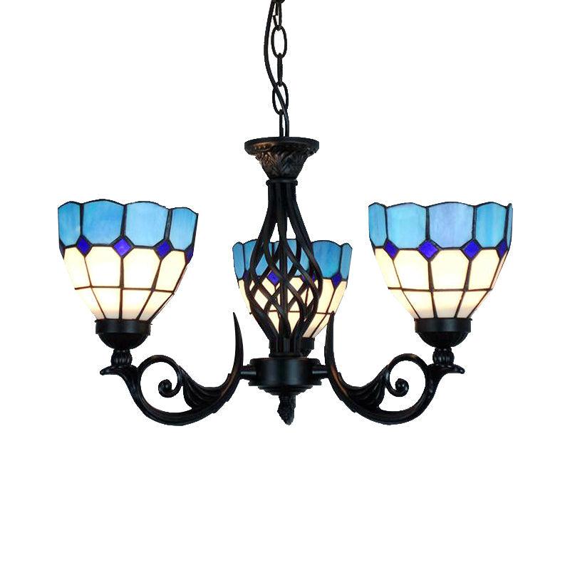 3 Lights Bowl Pendant Light with Grid Pattern Blue Glass Chandelier - Rebooters