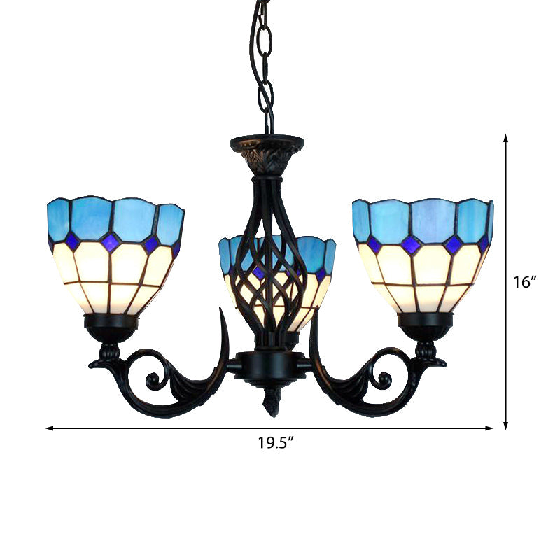 3 Lights Bowl Pendant Light with Grid Pattern Blue Glass Chandelier - Rebooters