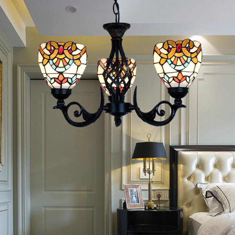 3 Lights Bowl Chandelier Lighting Stained Glass Baroque Hanging Light in Black - Rebooters