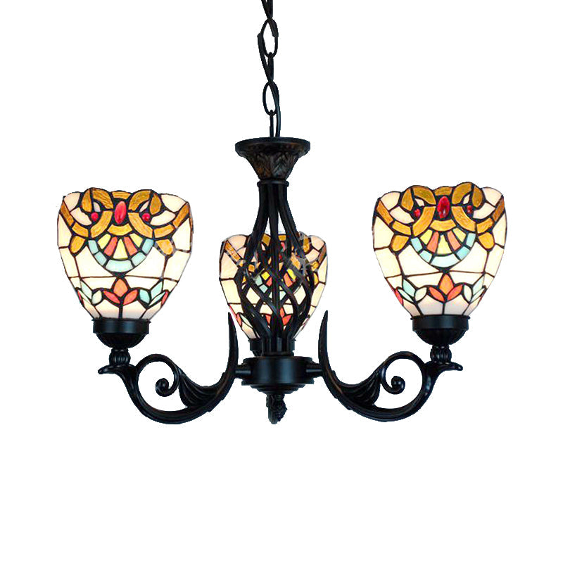 3 Lights Bowl Chandelier Lighting Stained Glass Baroque Hanging Light in Black - Rebooters