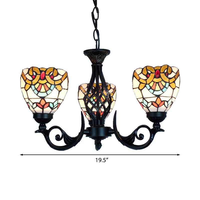 3 Lights Bowl Chandelier Lighting Stained Glass Baroque Hanging Light in Black - Rebooters