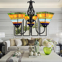 3 Lights Pyramid Hanging Light with Gooseneck Mission Stained Glass Ceiling Chandelier in Orange - Rebooters