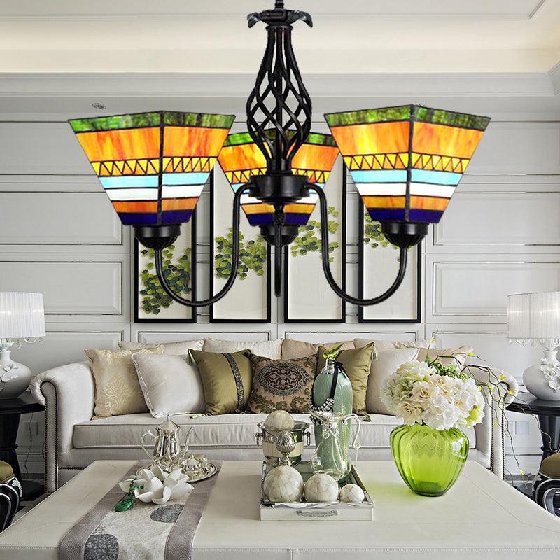 3 Lights Pyramid Hanging Light with Gooseneck Mission Stained Glass Ceiling Chandelier in Orange - Rebooters