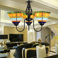 3 Lights Pyramid Hanging Light with Gooseneck Mission Stained Glass Ceiling Chandelier in Orange - Rebooters