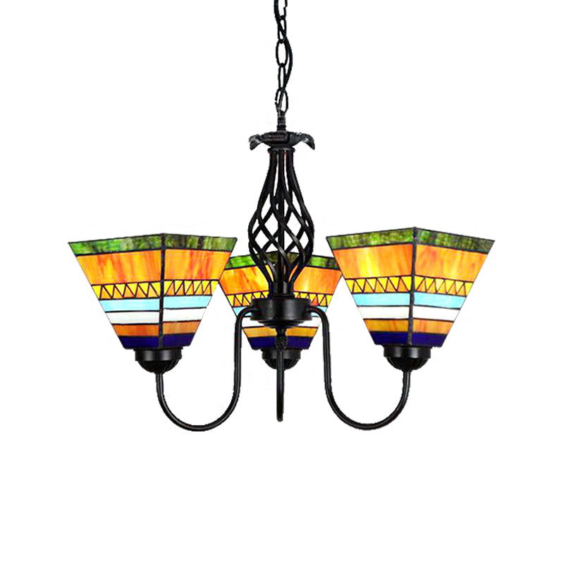 3 Lights Pyramid Hanging Light with Gooseneck Mission Stained Glass Ceiling Chandelier in Orange - Rebooters