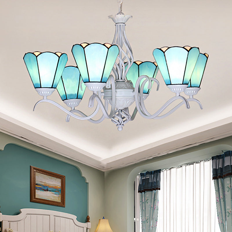 White Finish Cone Ceiling Chandelier Traditional Stained Glass Multi Light Pendant Light in Blue White - Rebooters