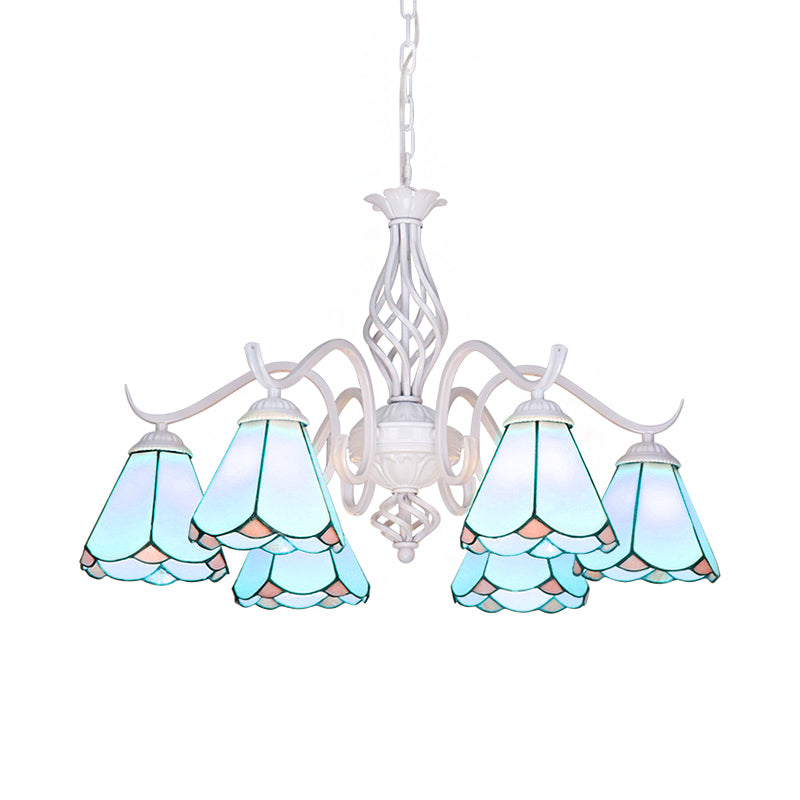 White Finish Cone Ceiling Chandelier Traditional Stained Glass Multi Light Pendant Light in Blue White - Rebooters